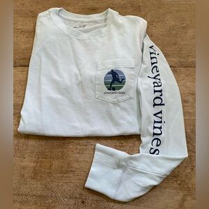 Vineyard Vines Boy’s M (12-14) Pale Blue Soccer Graphic Long‎ Sleeve Pocket Tee